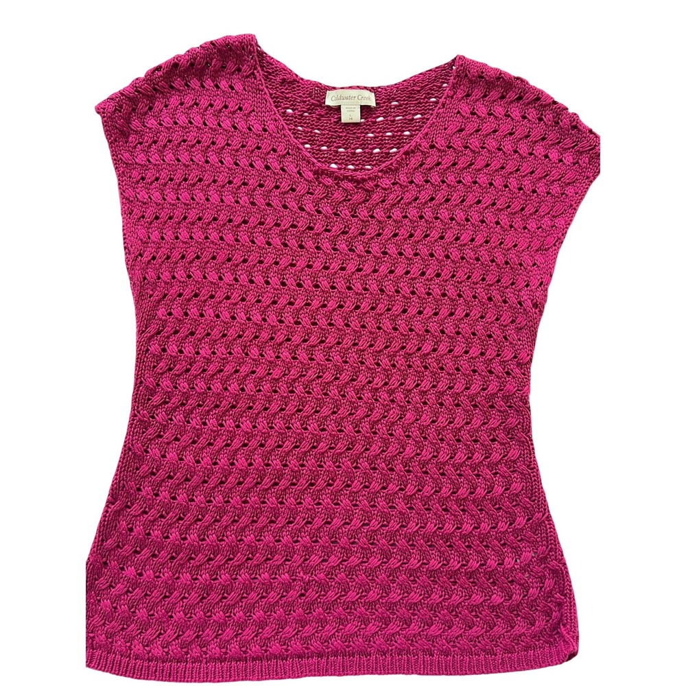 Coldwater Creek Womens Magenta Pink Pointelle Open Knit Sleeveless Sweater L 14